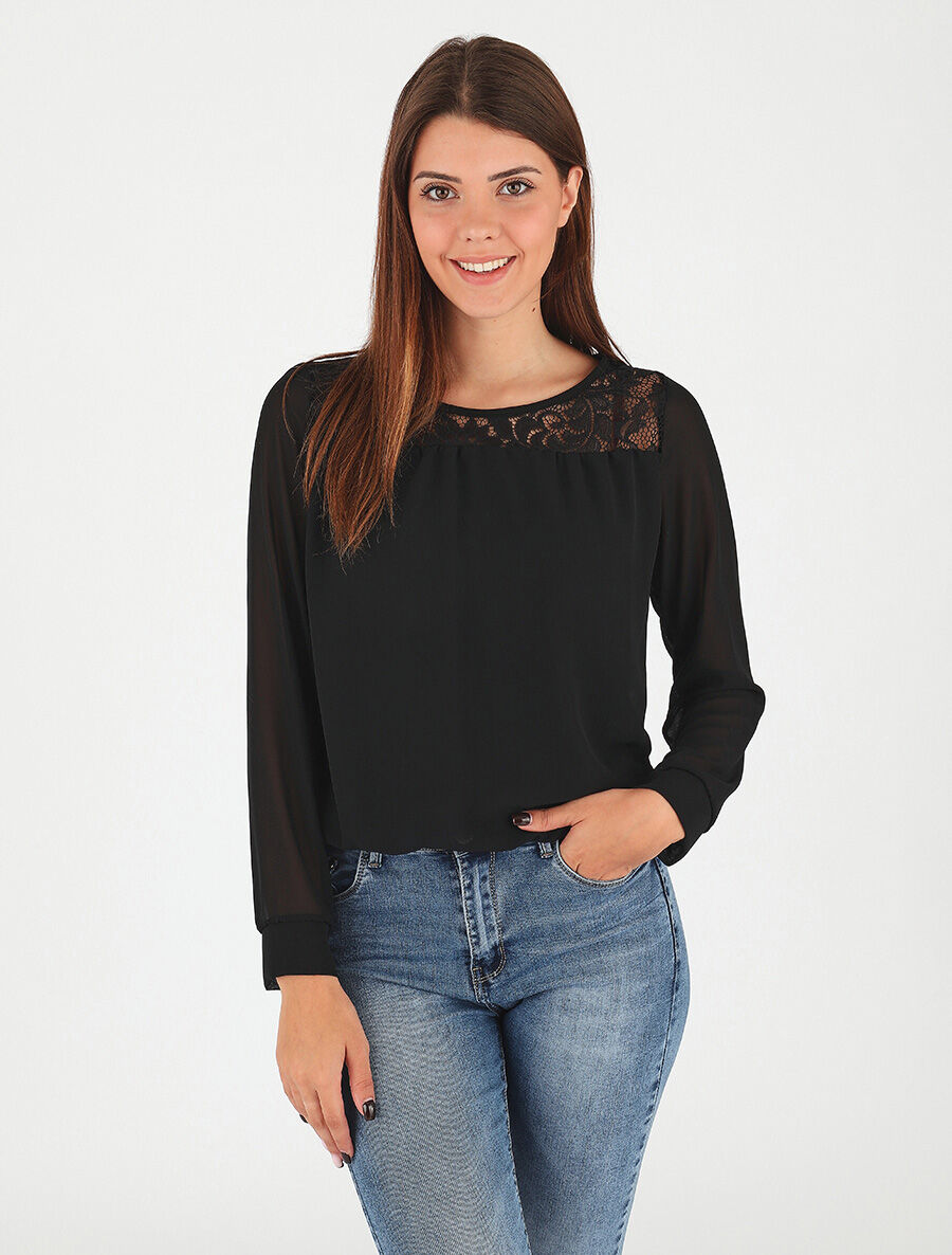 Top uni en voile et dentelle - Noir - 4