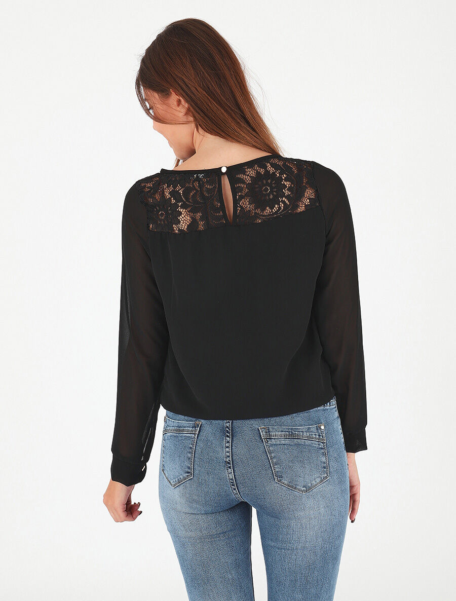 Top uni en voile et dentelle - Noir - 5