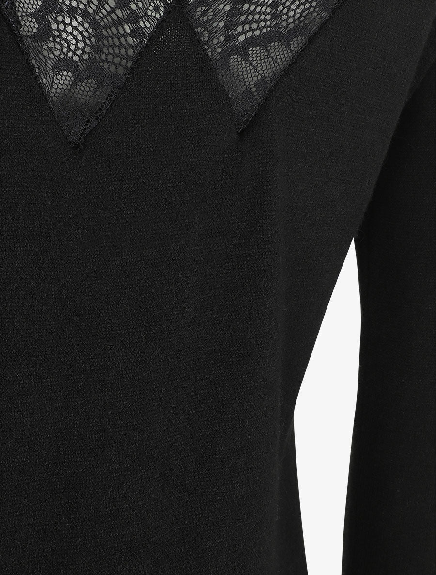 Pull droit dos en V dentelle - Noir - 3