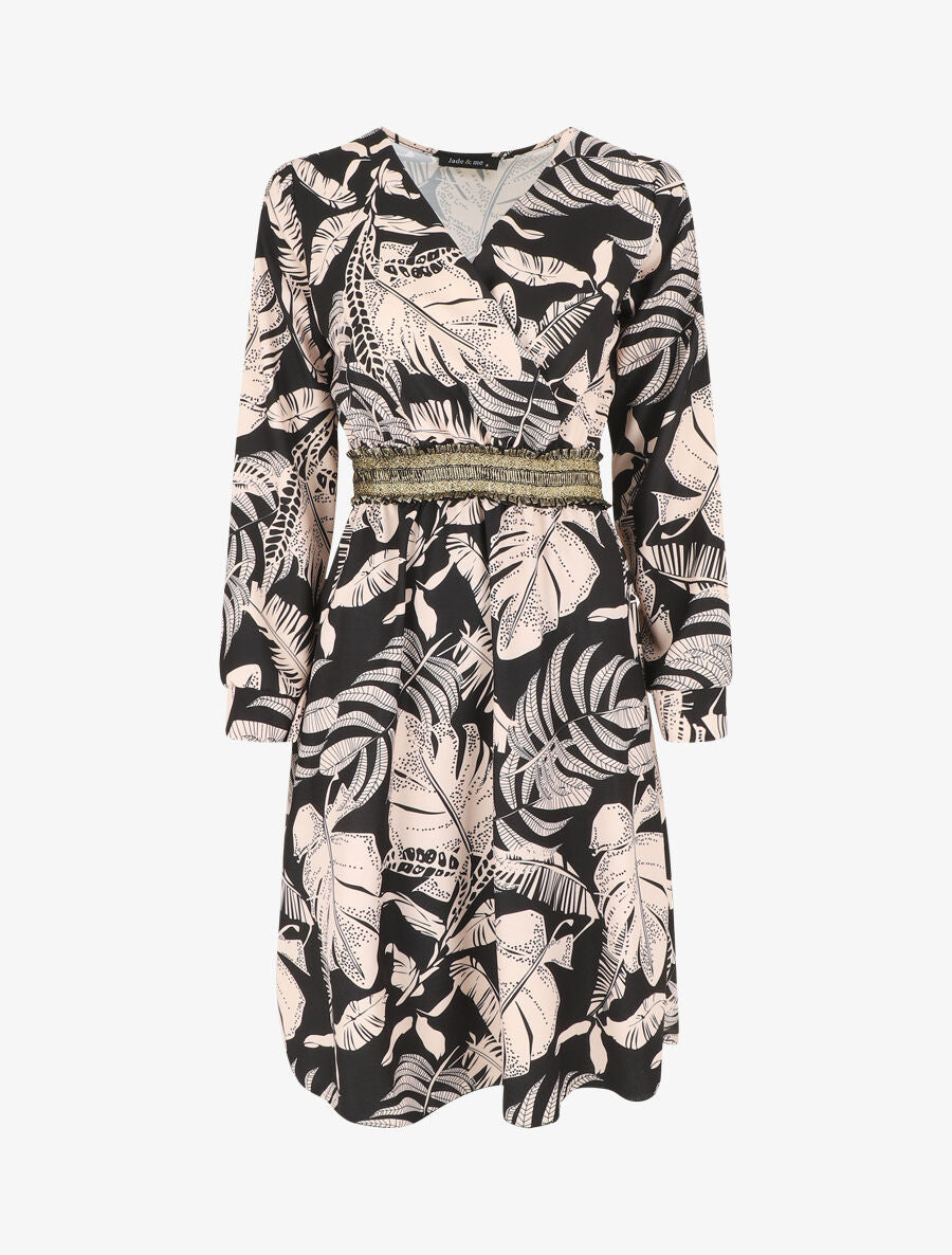 Robe courte évasée imprimé tropical - Noir - 4