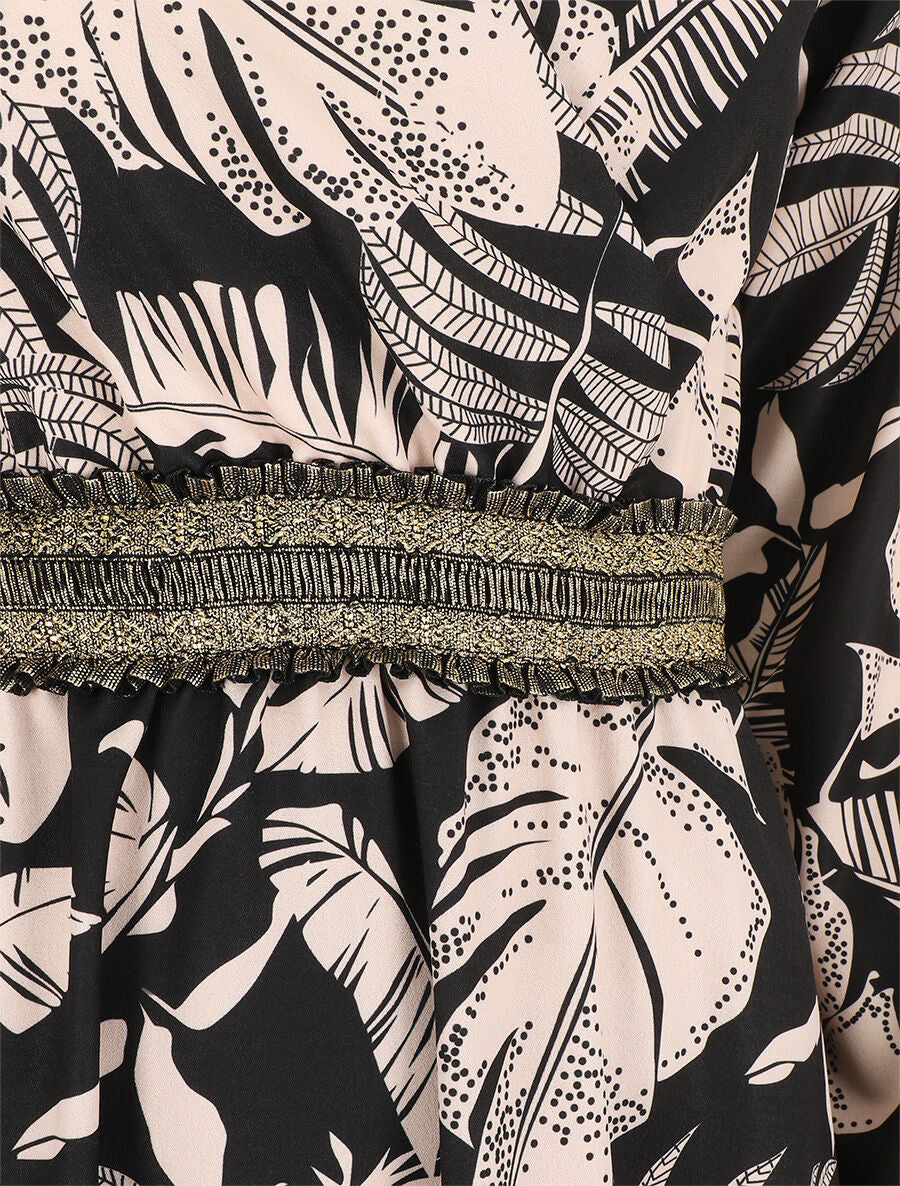 Robe courte évasée imprimé tropical - Noir - 3