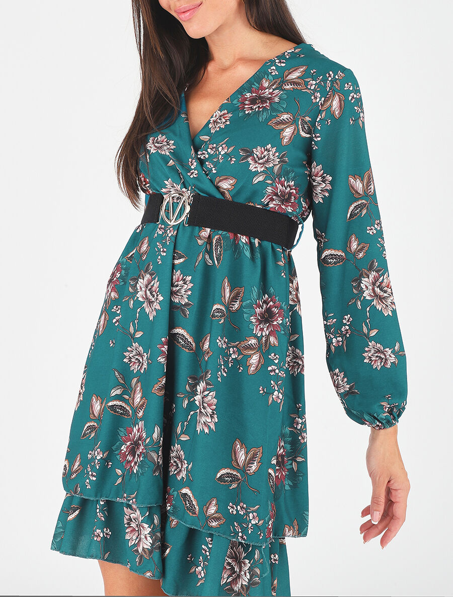 Robe volantée à imprimé fleuri - Bleu canard - 3
