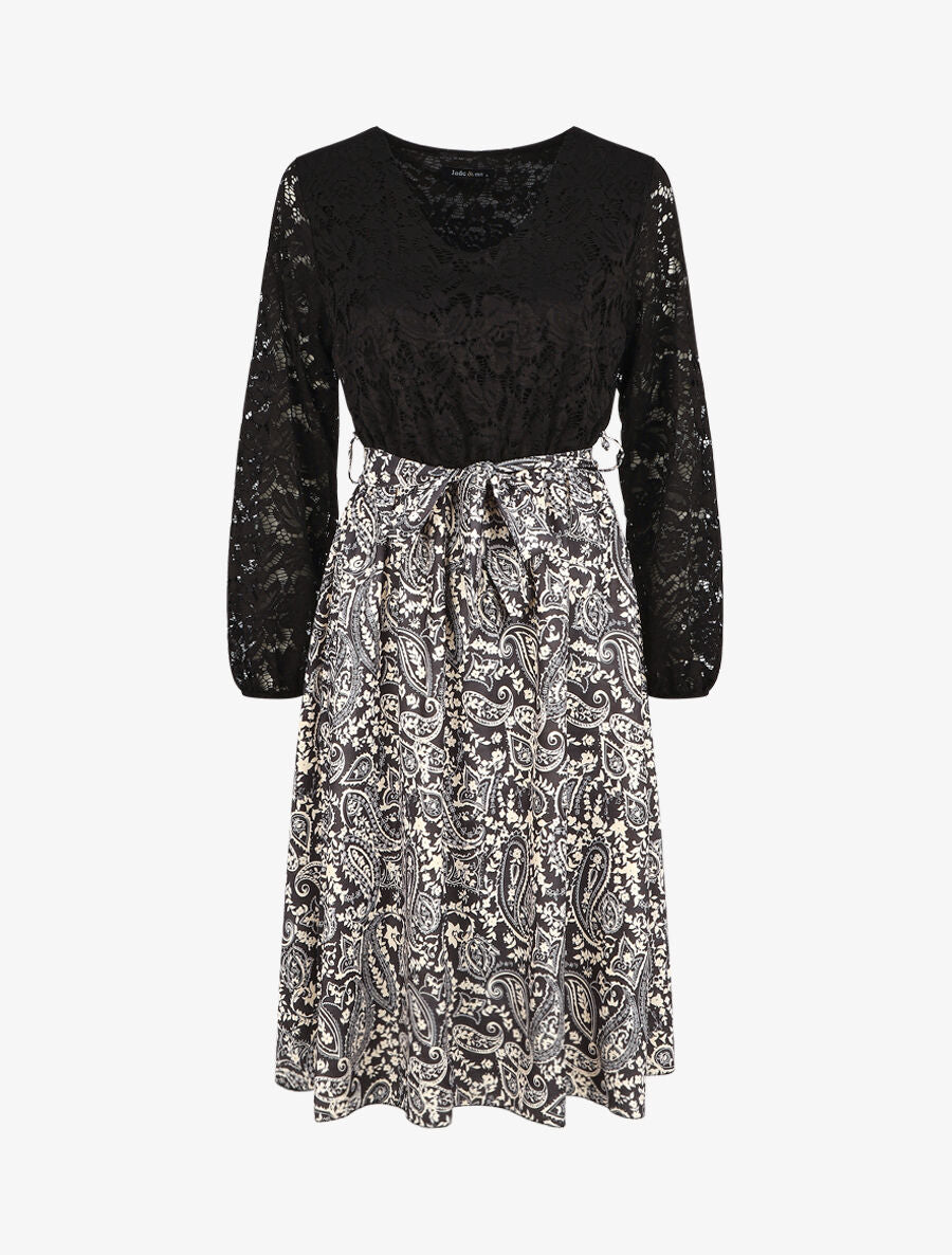 Robe évasée dentelle et imprimé cachemire - Noir - 1