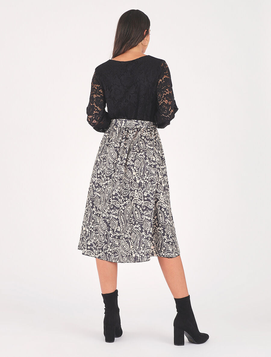 Robe évasée dentelle et imprimé cachemire - Noir - 5