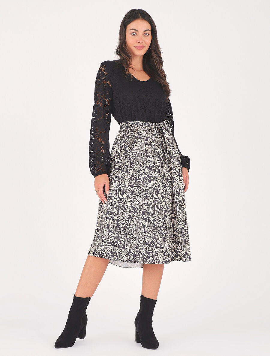 Robe évasée dentelle et imprimé cachemire - Noir - 4