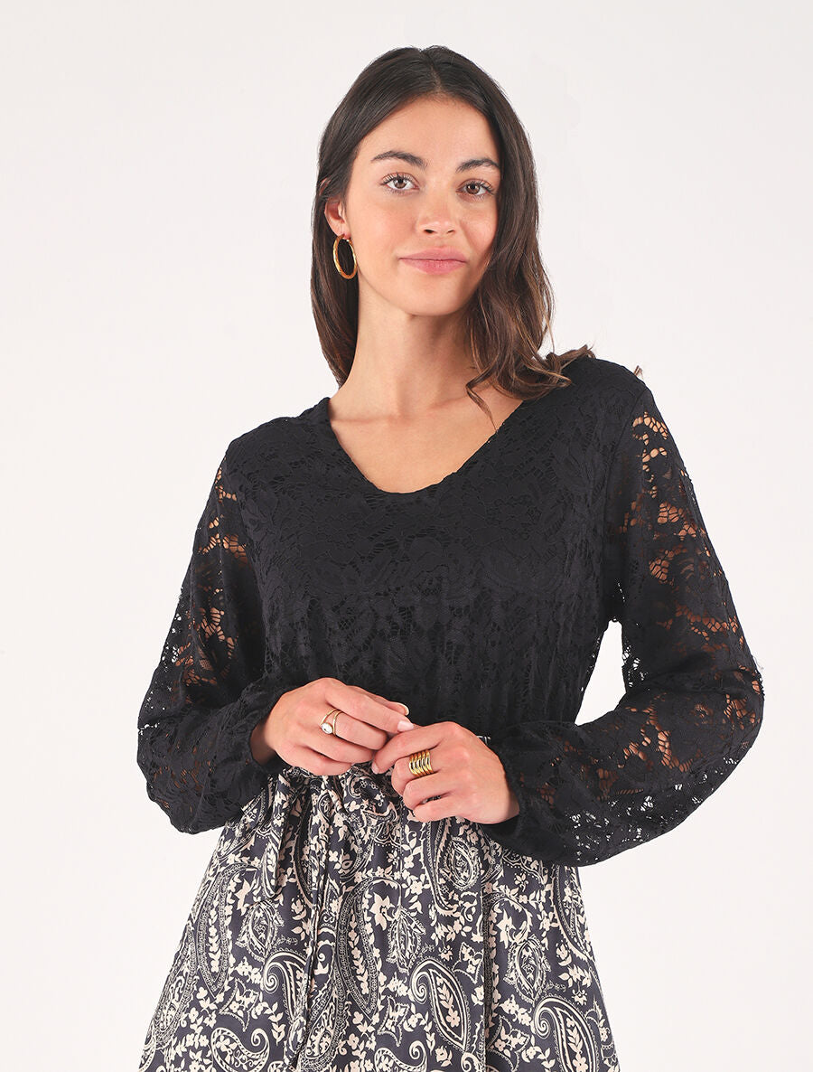 Robe évasée dentelle et imprimé cachemire - Noir - 6