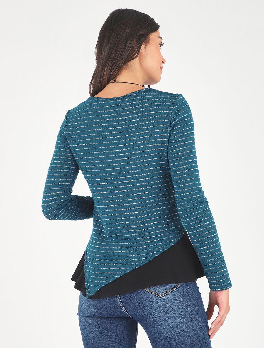 Pull droit rayé bords à volants - Bleu canard - 5