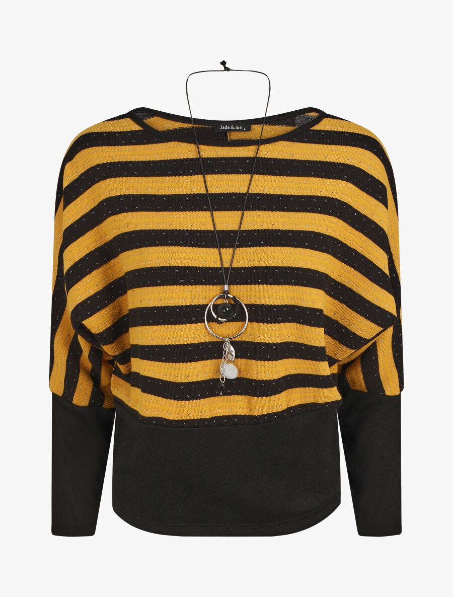 Pull ample à rayures - Noir/moutarde - 1