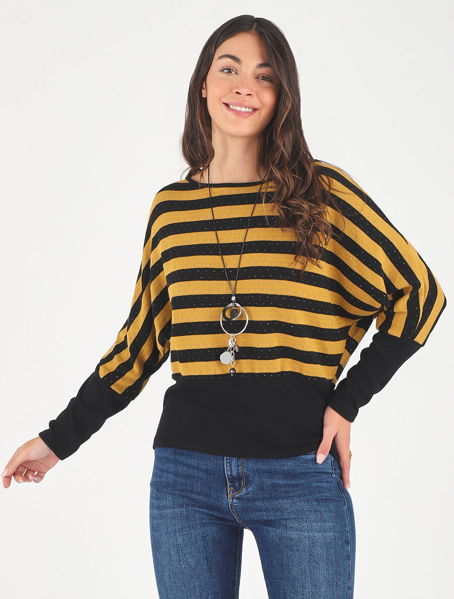 Pull ample à rayures - Noir/moutarde - 4