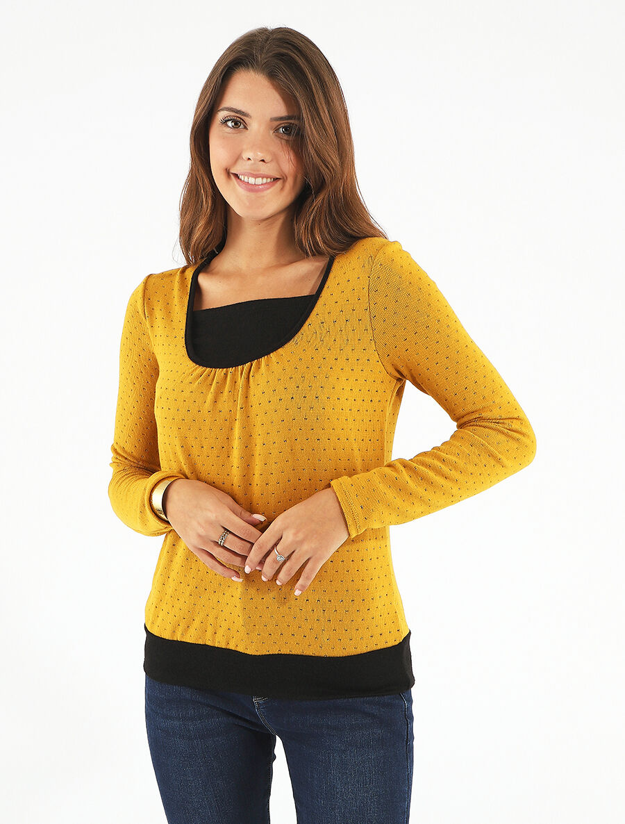 Pull uni à détail irisé - Jaune moutarde - 4
