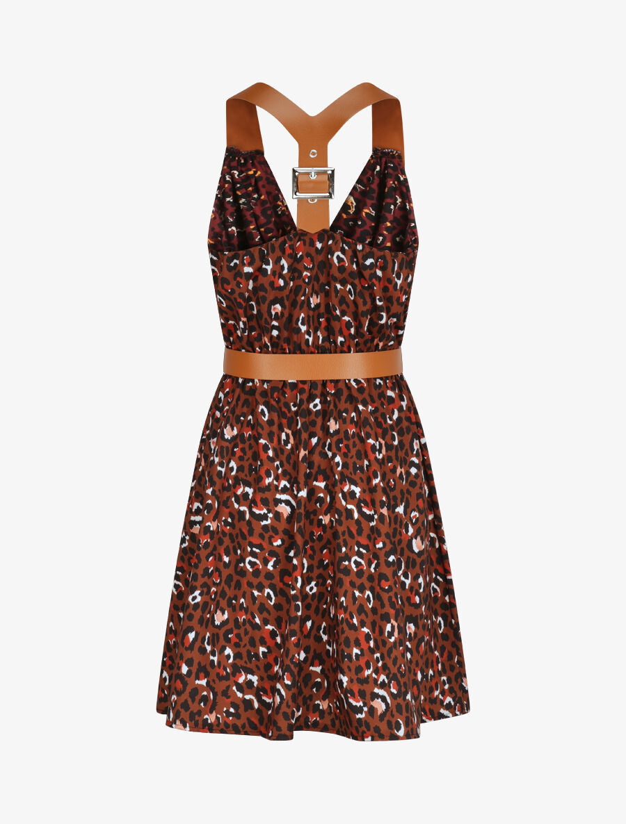 Robe patineuse courte imprimé léopard à bretelles stylisées - Marron - 2