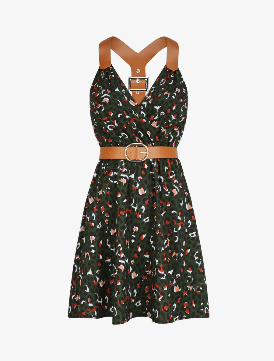Robe patineuse courte imprimé léopard à bretelles stylisées - Vert foncé - 1