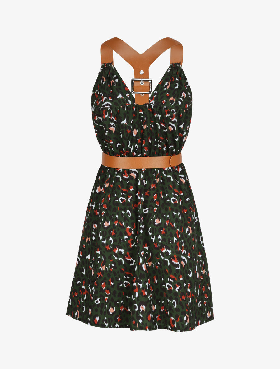 Robe patineuse courte imprimé léopard à bretelles stylisées - Vert foncé - 2