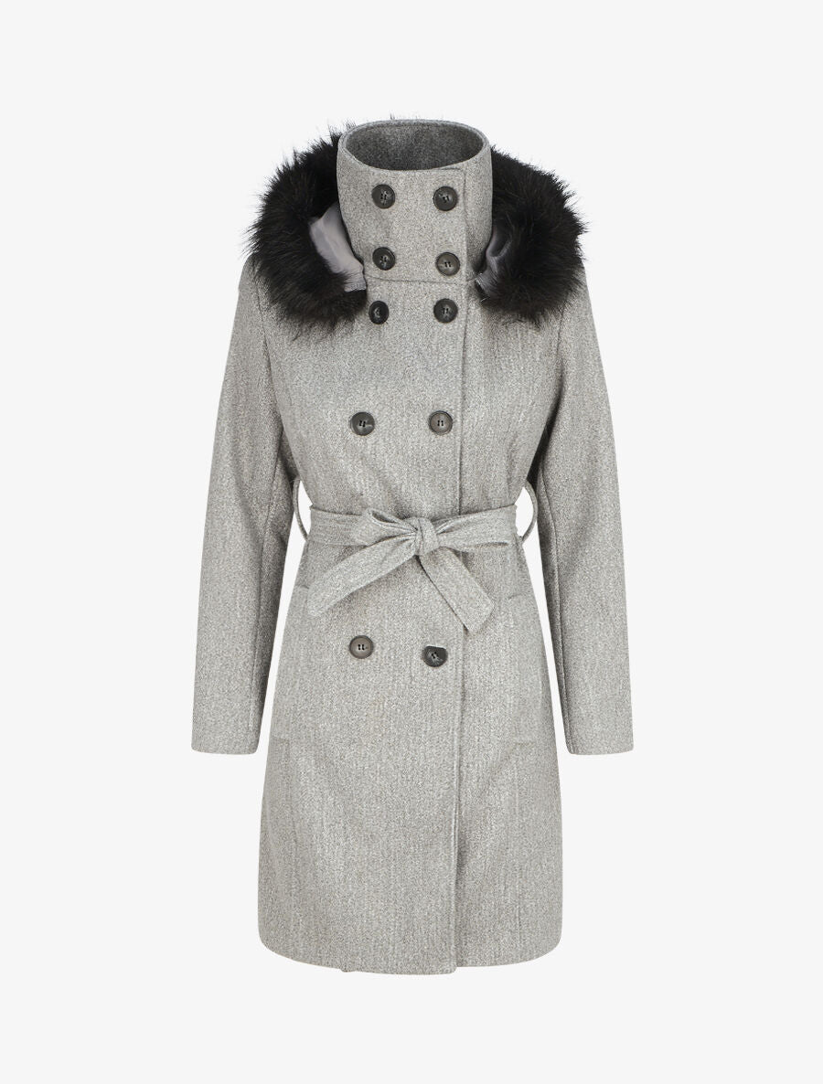 Manteau long capuche à fourrure - Gris - 4