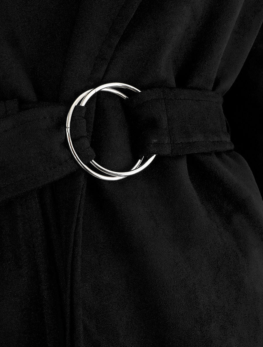 Veste droite en suédine ceinturée - Noir - 3