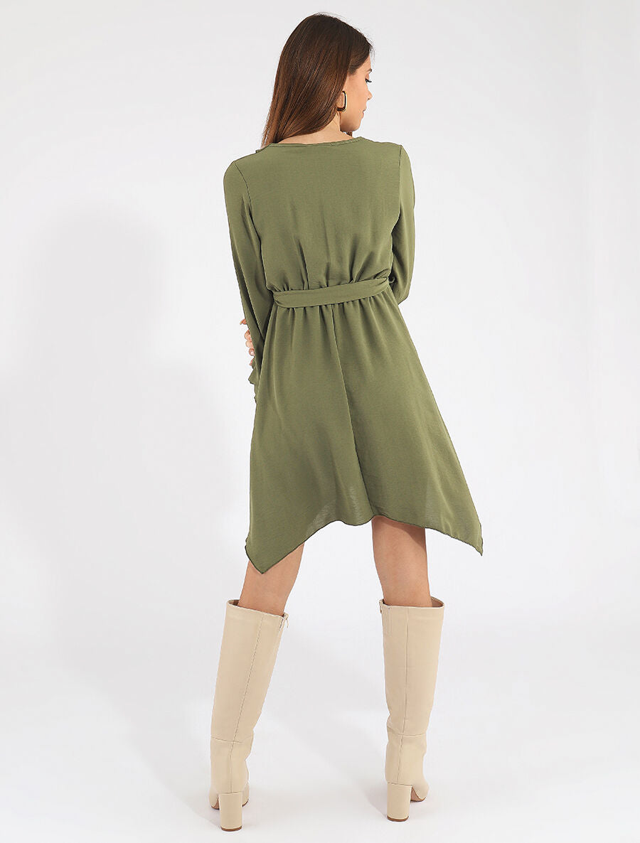 Robe unie élastiquée à bas asymétrique - Kaki - 5