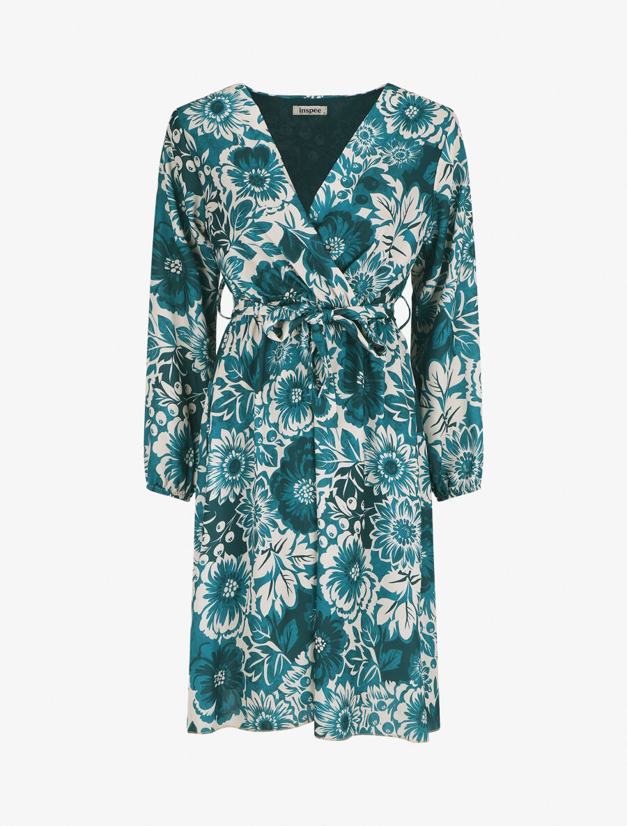 Robe mi-longue fleuri coupe évasée - Bleu canard - 1