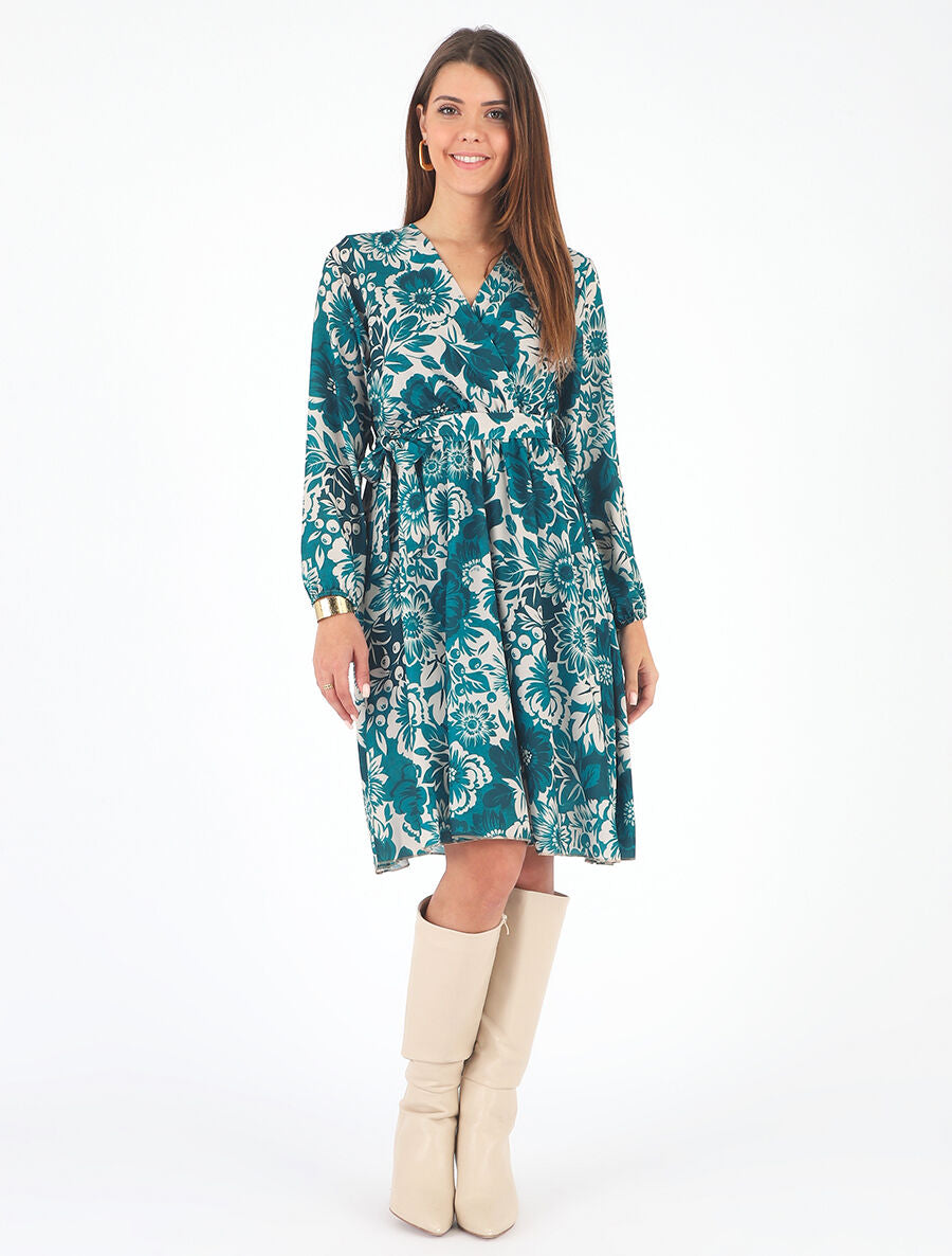 Robe mi-longue fleuri coupe évasée - Bleu canard - 4