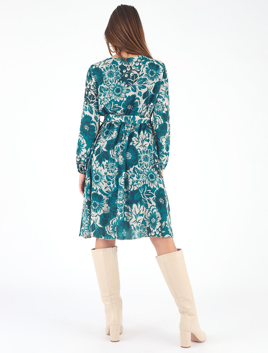 Robe mi-longue fleuri coupe évasée - Bleu canard - 5