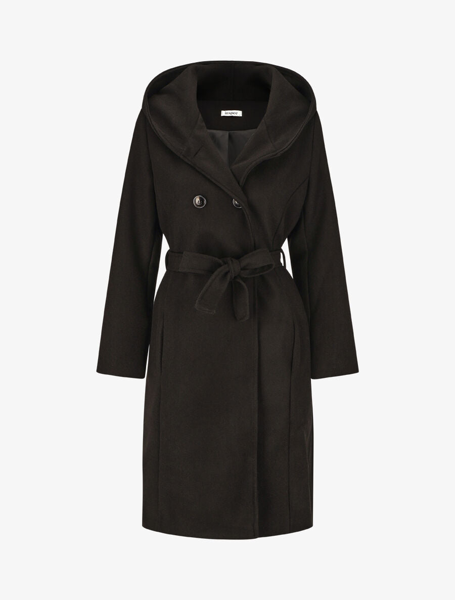 Manteau long ceinturé à capuche - Noir - 1