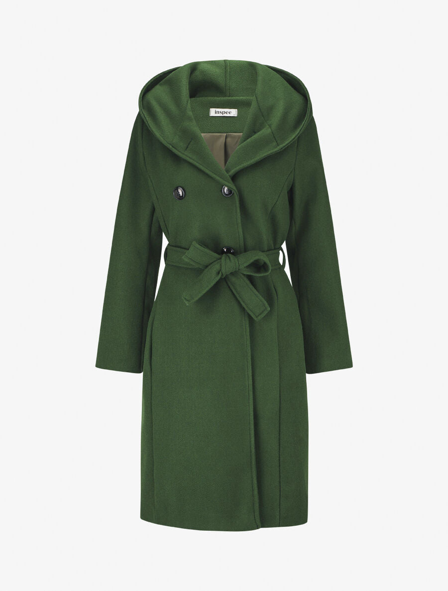 Manteau long ceinturé à capuche - Vert sapin - 1