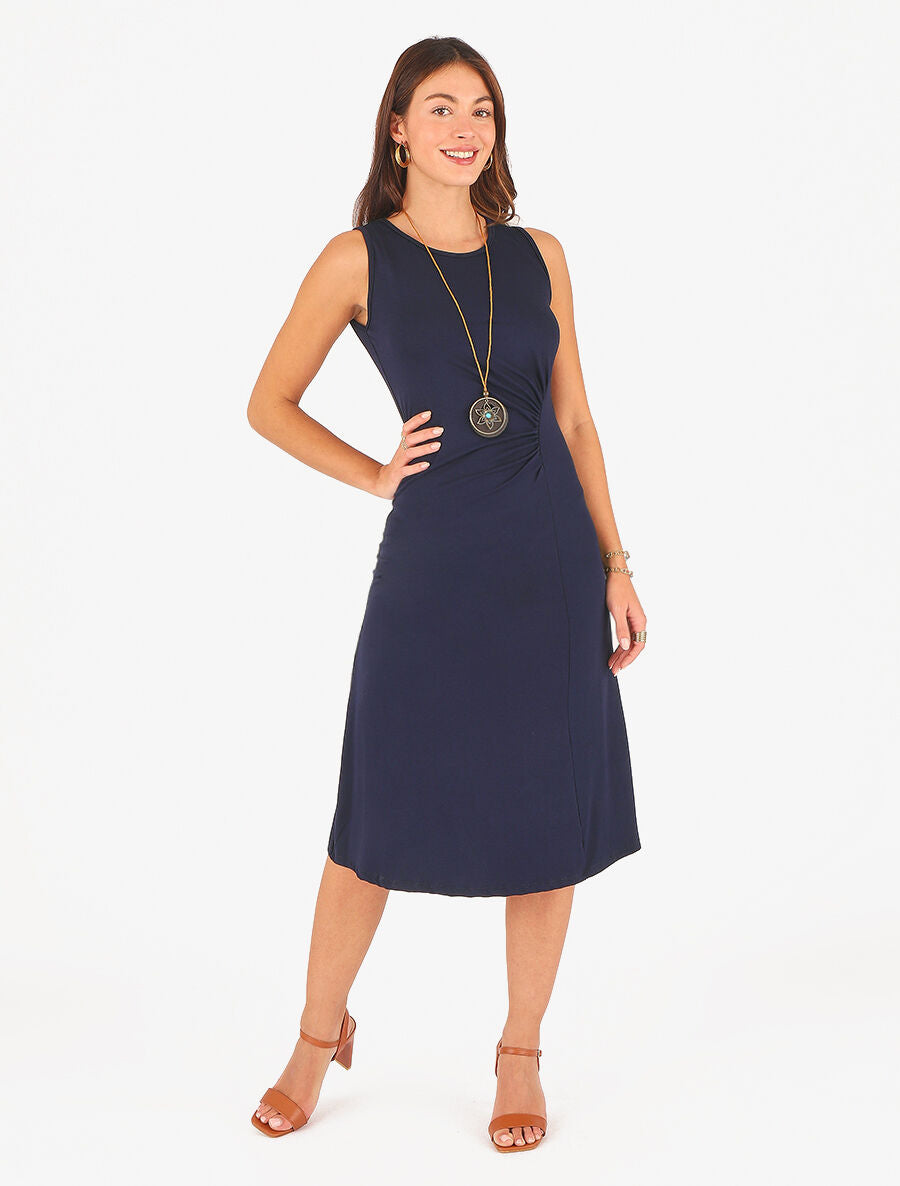 Robe longue unie effet drapé - Marine - 4