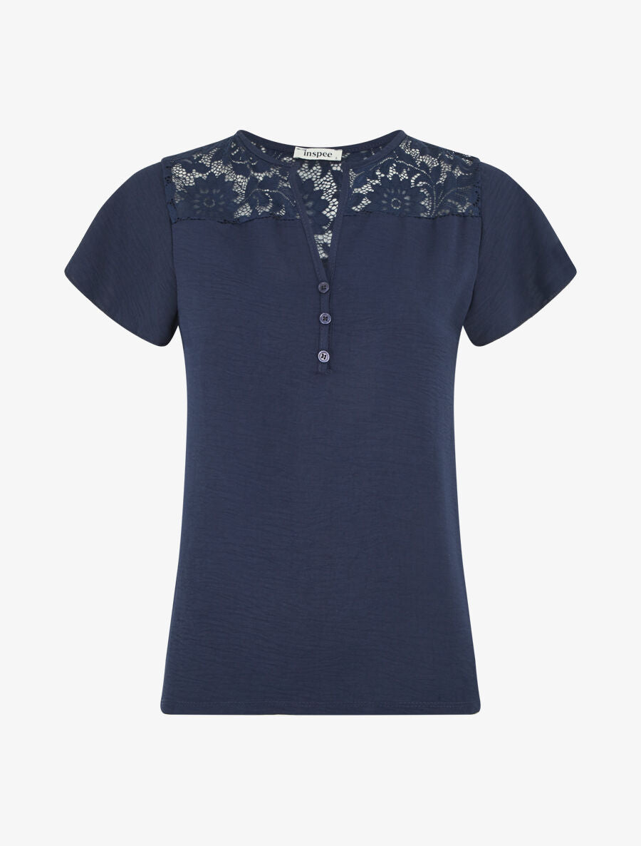 Top fluide en dentelle - Bleu nuit - 1