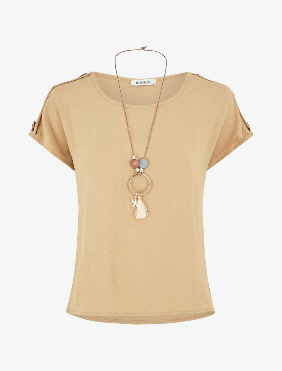 Top fluide à manches courtes et sautoir - Beige foncé - 1