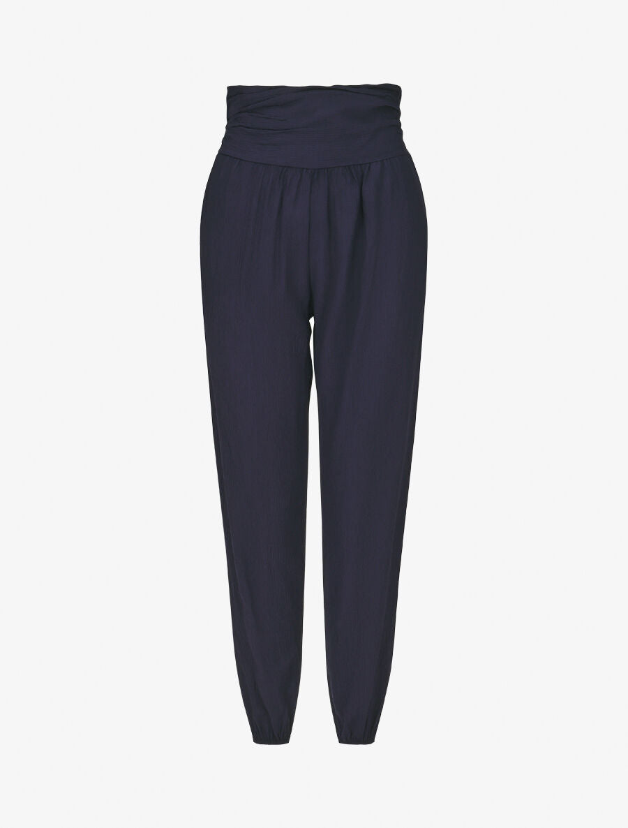 Pantalon droit taille haute plissée - Marine - 1