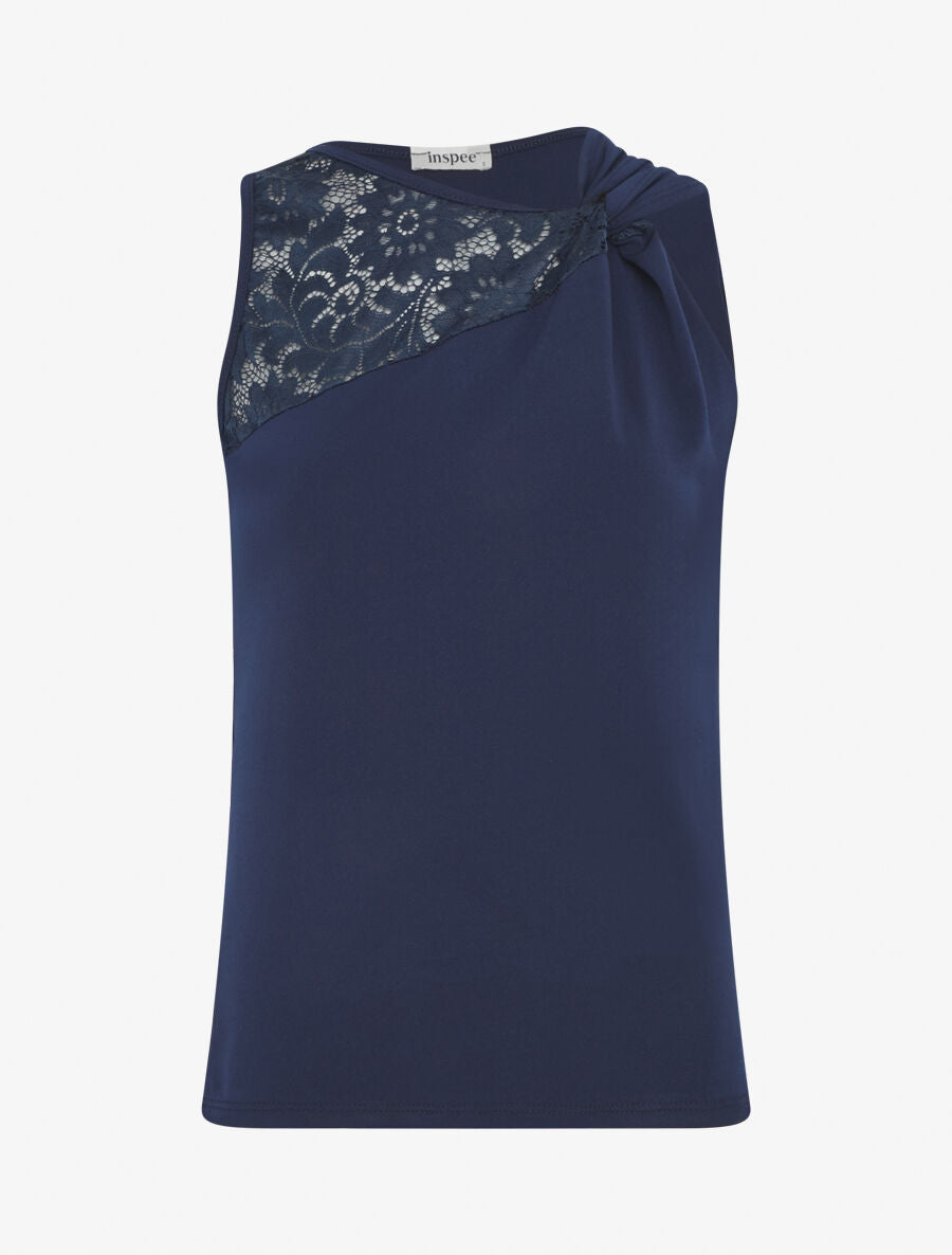 Top uni sans manches à détail dentelle - Marine - 4