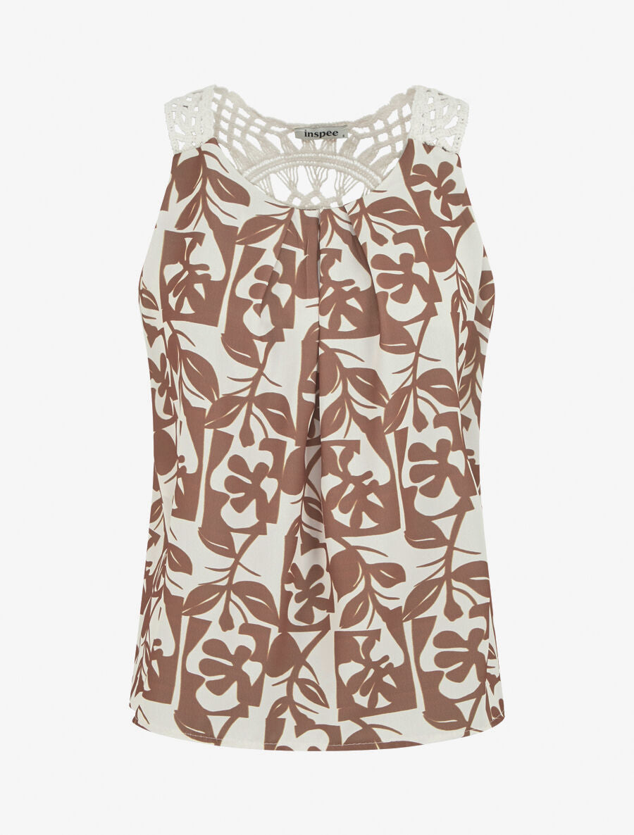 Top fluide imprimé et bretelles en crochet - Taupe - 4