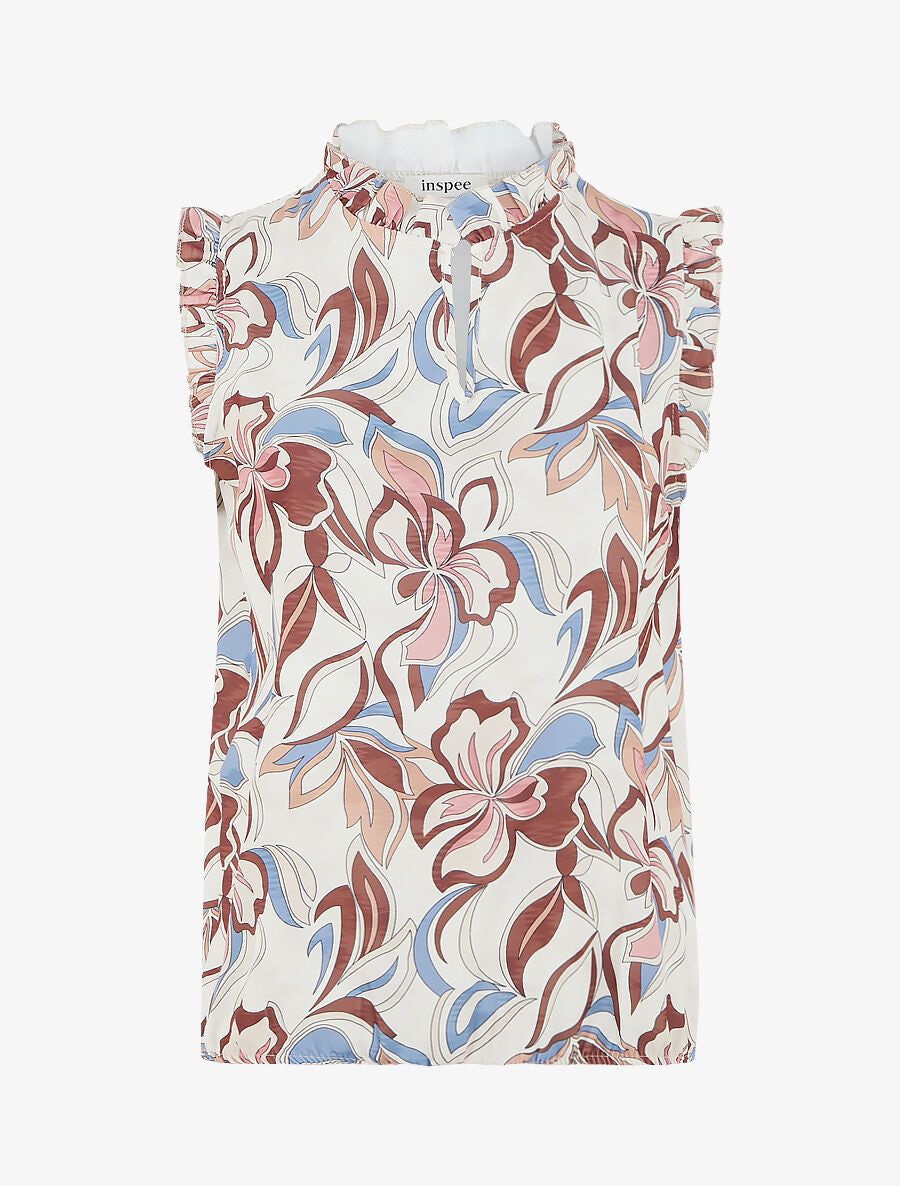Top satiné sans manches motif fleuri et volants - Beige - 1