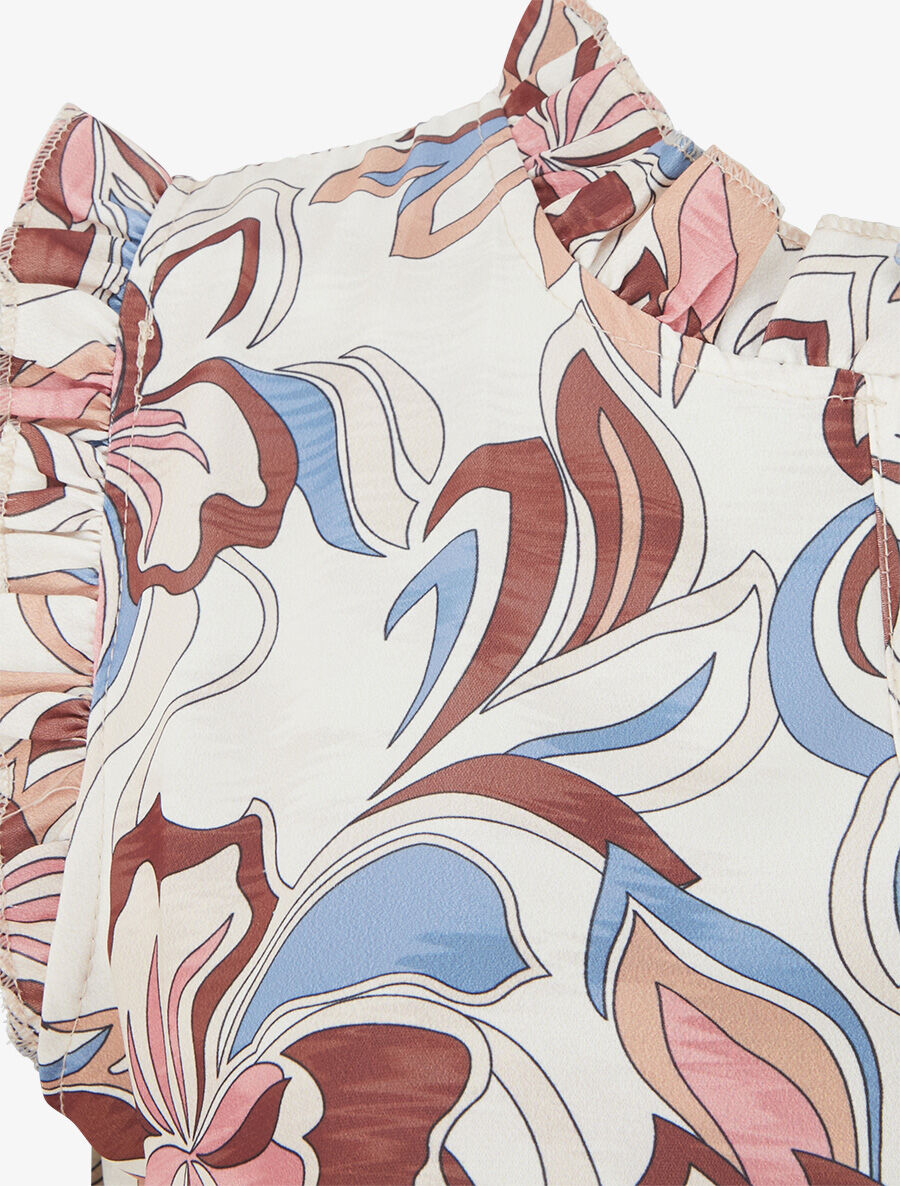 Top satiné sans manches motif fleuri et volants - Beige - 3