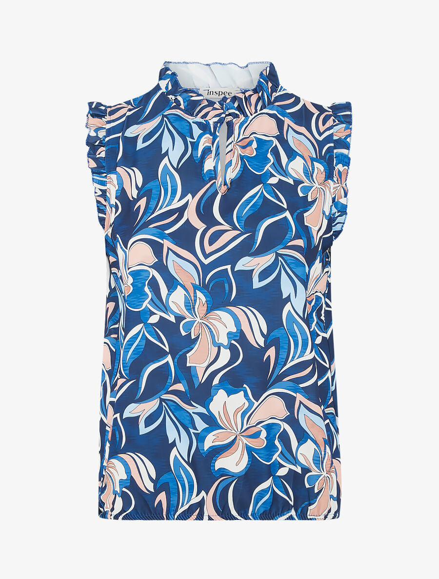 Top satiné sans manches motif fleuri et volants - Marine - 1