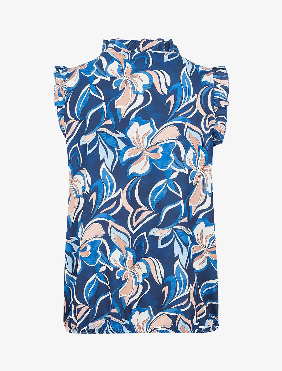 Top satiné sans manches motif fleuri et volants - Marine - 2