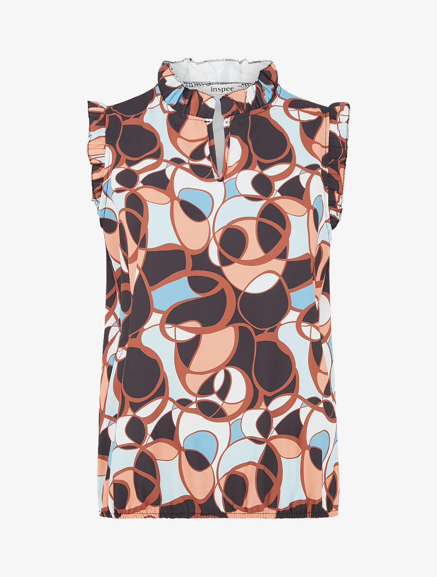 Top satiné sans manches motif abstrait et volants - Noir - 4