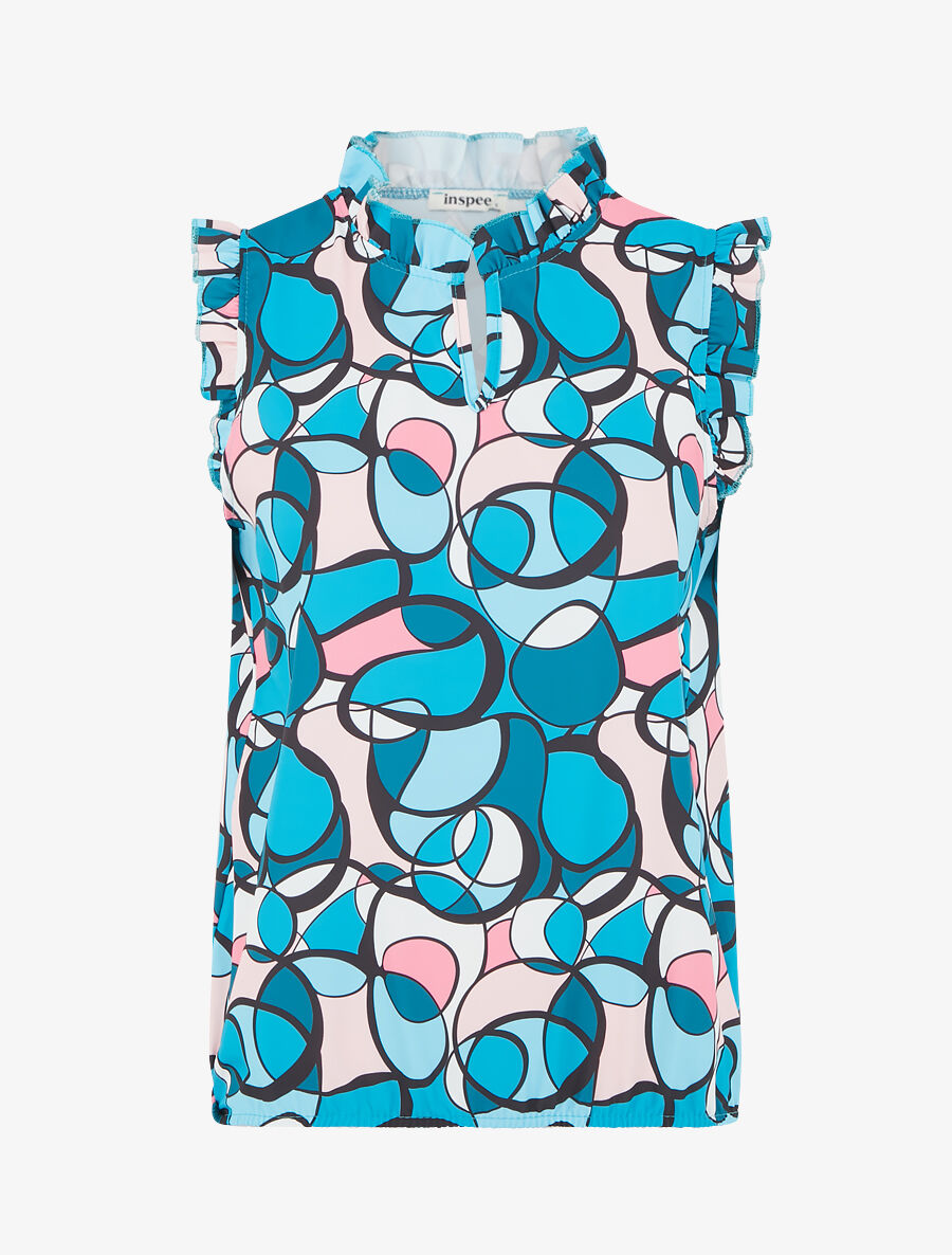 Top satiné sans manches motif abstrait et volants - Bleu canard - 1