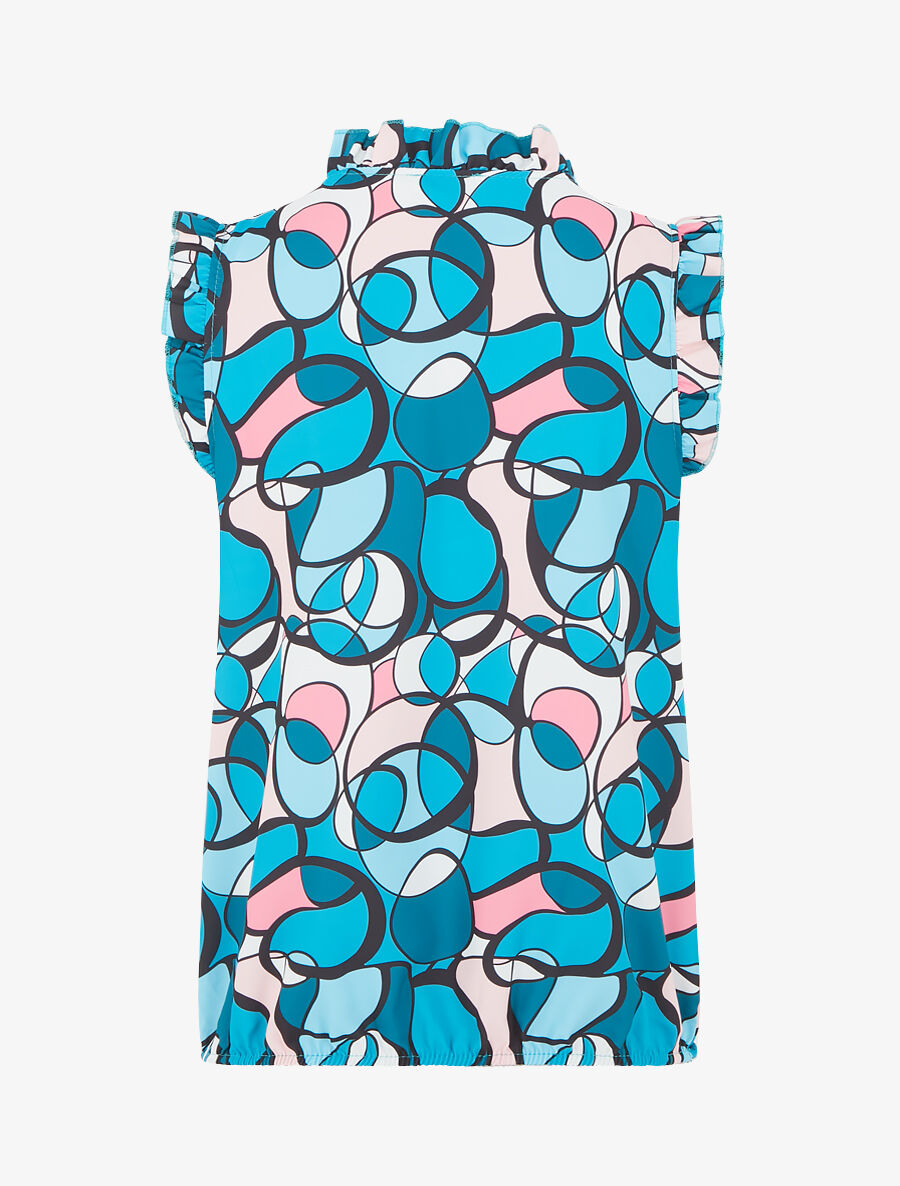 Top satiné sans manches motif abstrait et volants - Bleu canard - 2