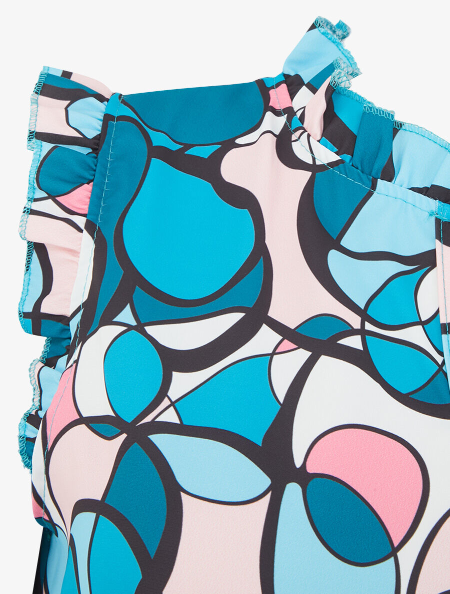 Top satiné sans manches motif abstrait et volants - Bleu canard - 3