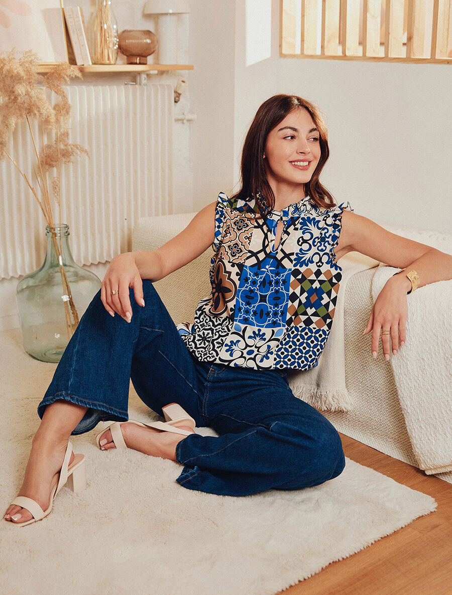 Top satiné sans manches motif patchwork et volants - Bleu - 4
