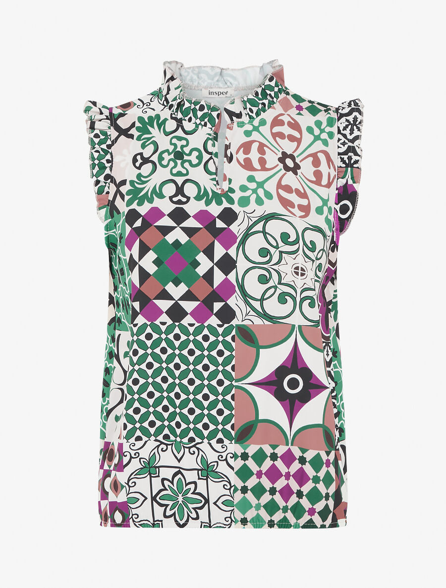 Top satiné sans manches motif patchwork et volants - Vert/violet - 4