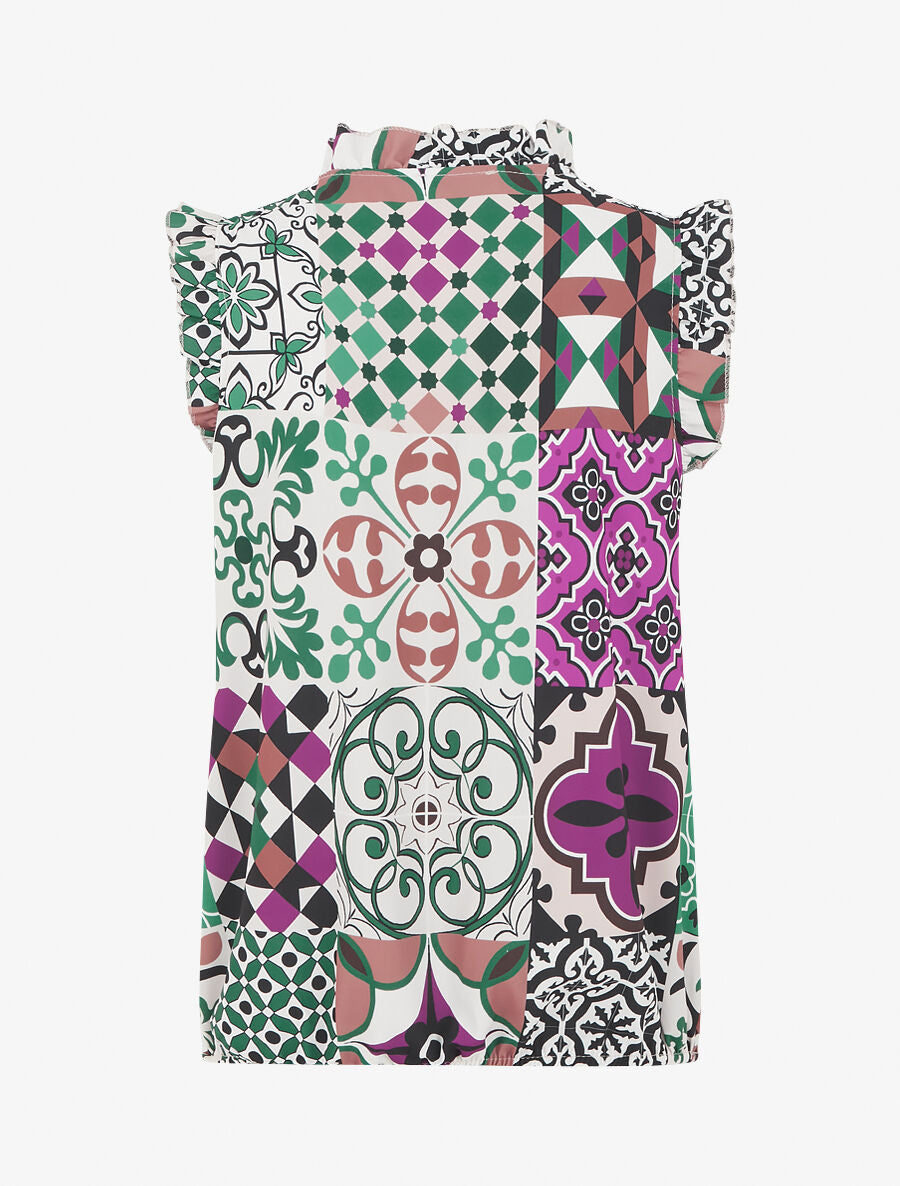 Top satiné sans manches motif patchwork et volants - Vert/violet - 2