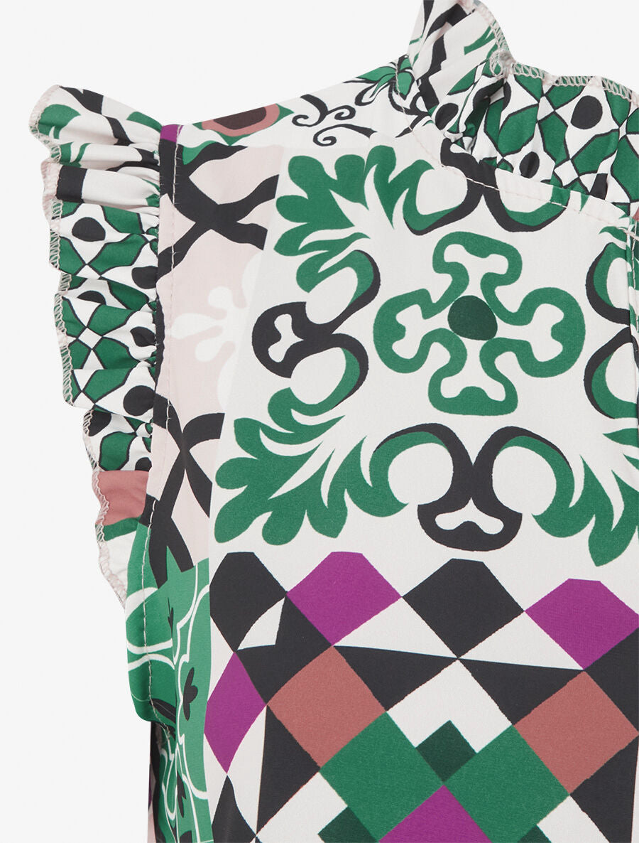 Top satiné sans manches motif patchwork et volants - Vert/violet - 3