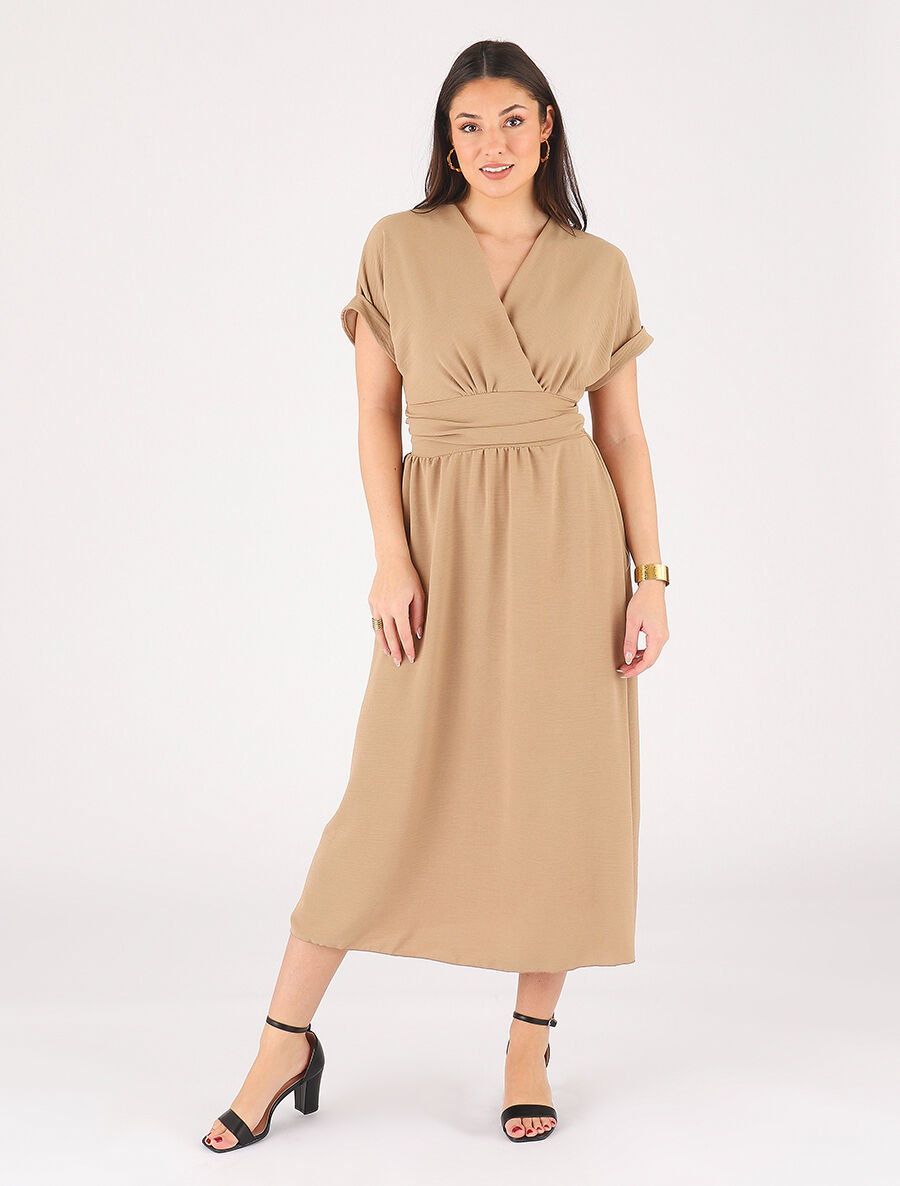 Robe longue unie col cache coeur - Beige foncé - 4