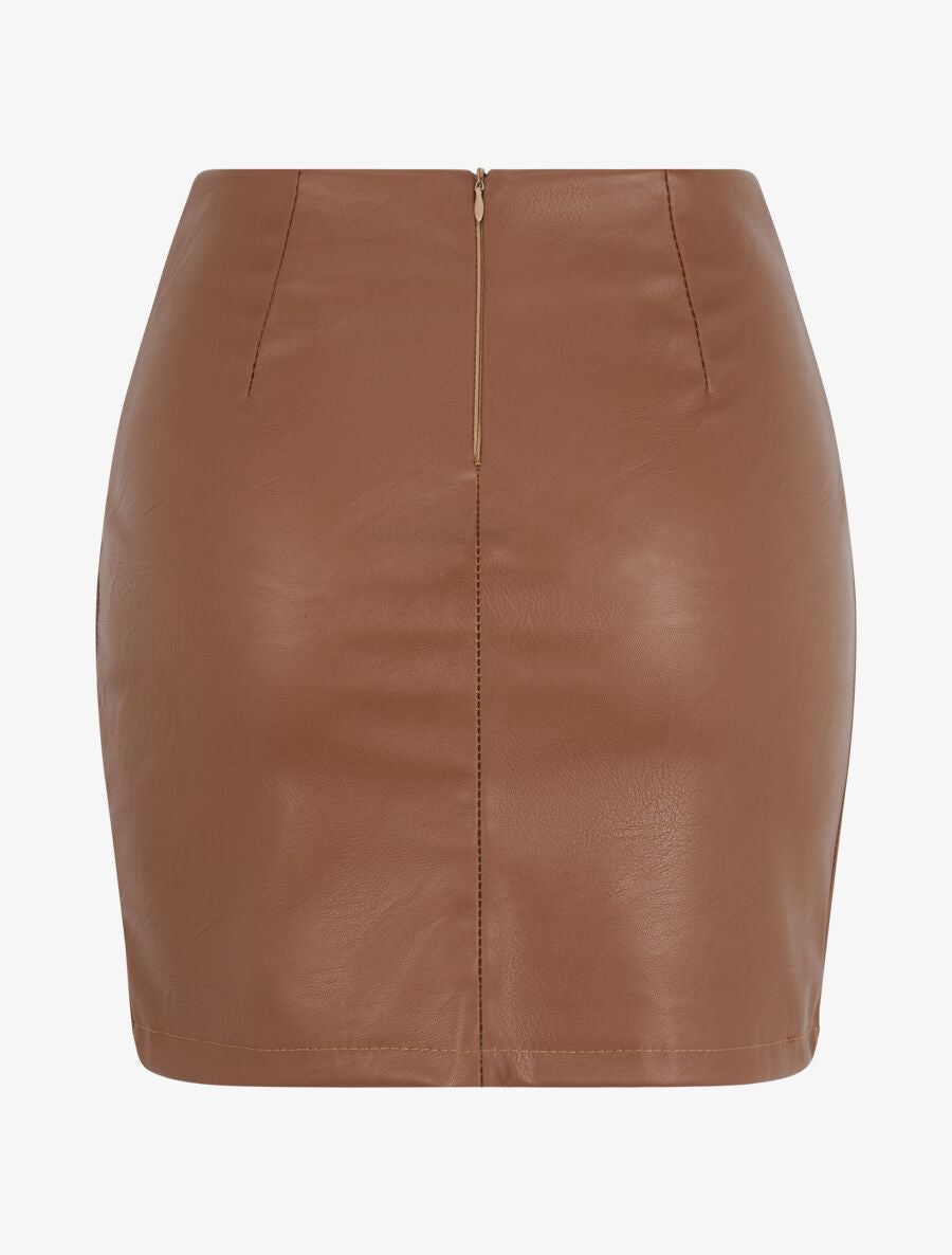 Mini-jupe fendue en simili - Marron - 2