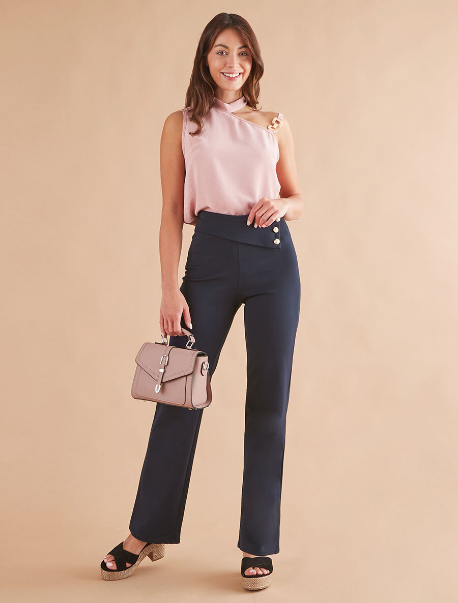 Pantalon uni à boutons décoratifs - Marine - 4