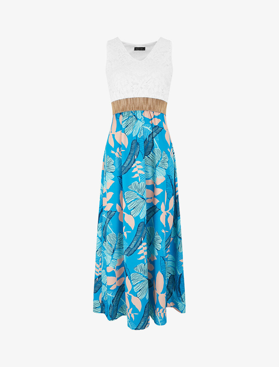 Robe longue bi-matière imprimé feuilles - Turquoise - 4