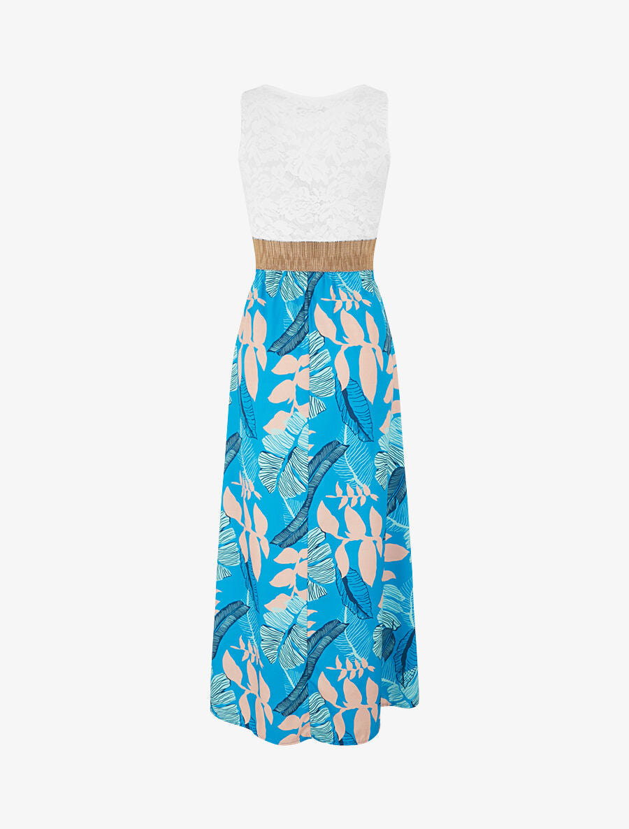 Robe longue bi-matière imprimé feuilles - Turquoise - 2