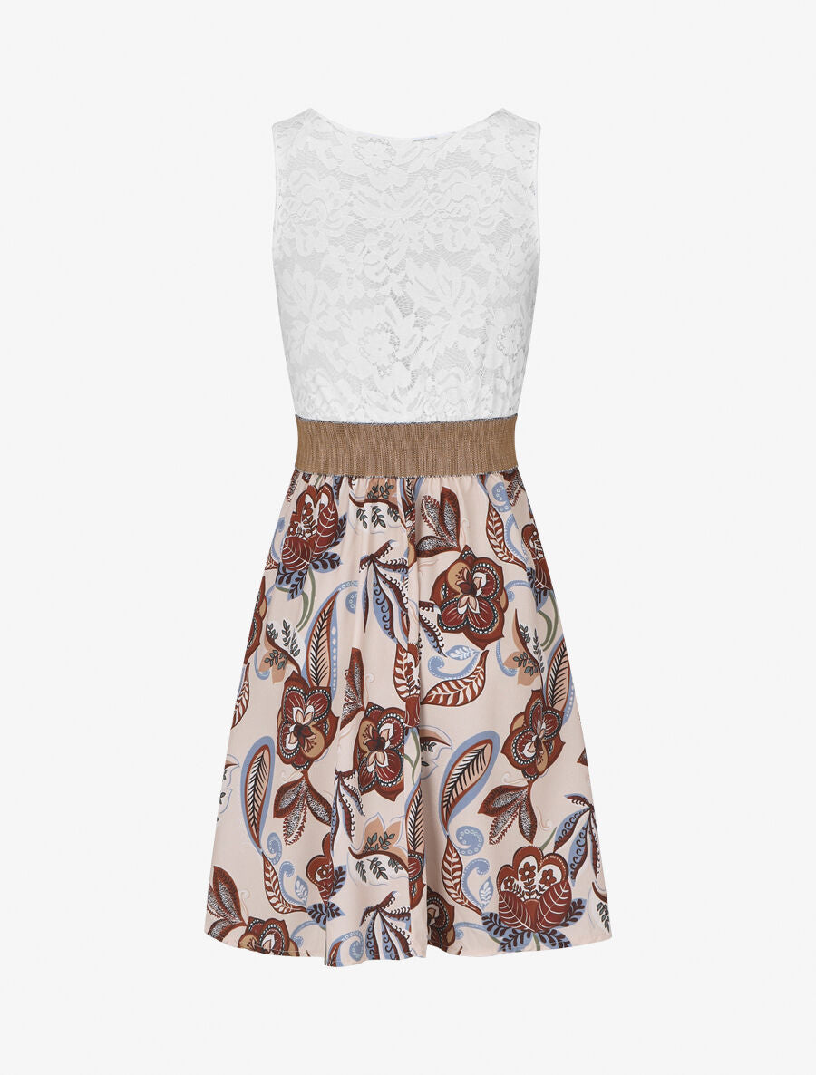 Robe bi-matière imprimé fleuri - Beige - 2