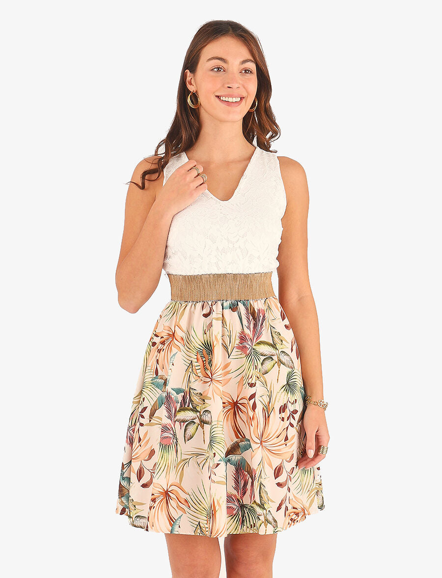 Robe bi-matière imprimé tropical - Beige - 4